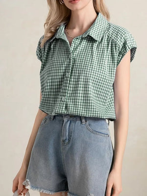 Plaid Button Up Cap Sleeve Shirt - Makw Official Site