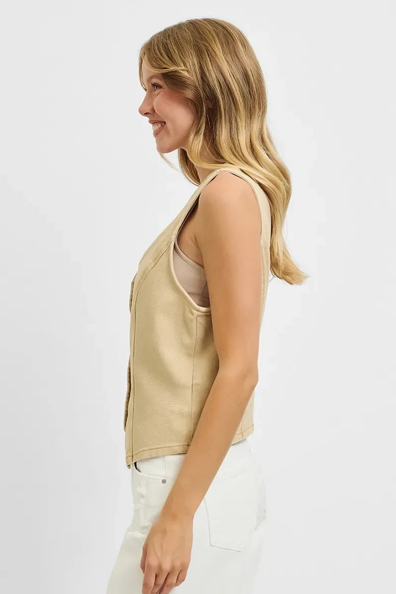 RISEN Full Size V Neck Button Down Vest Plus Size - Makw Official Site