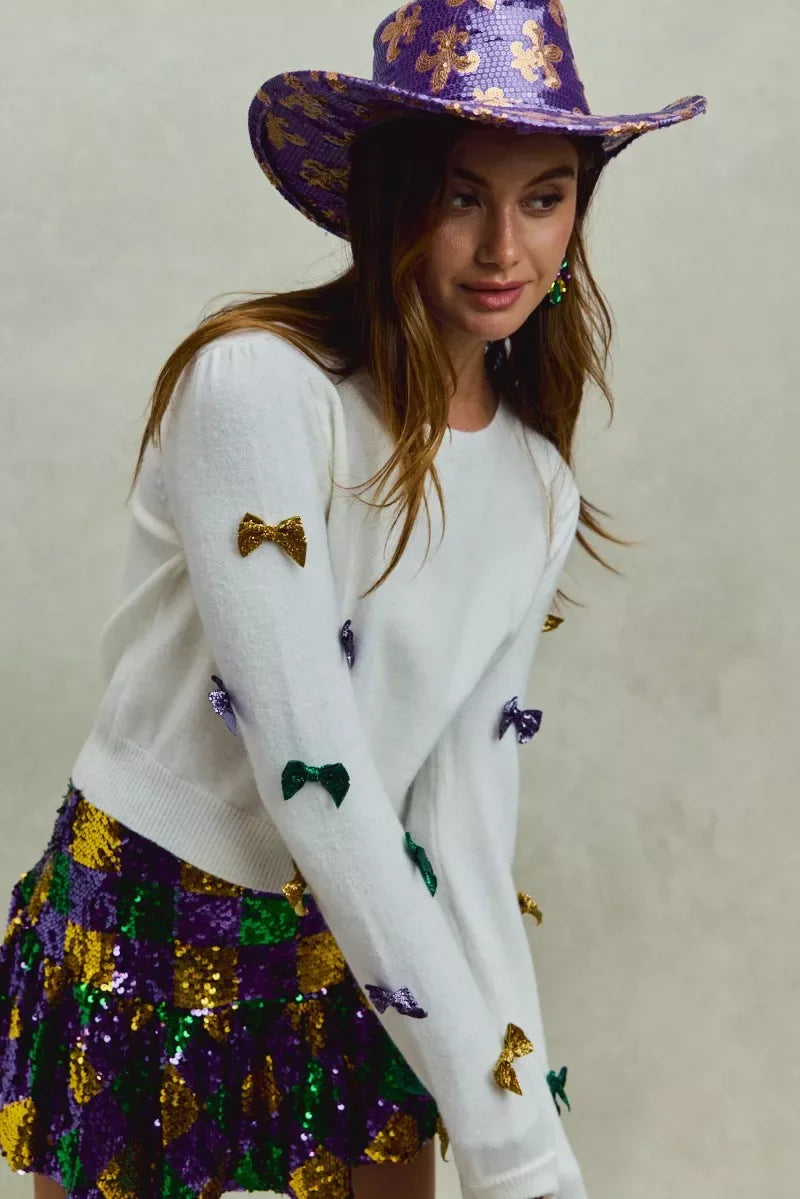 SO ME Mardi Gras Glitter Bow Ribbon Sweater Knit Top - Makw Official Site