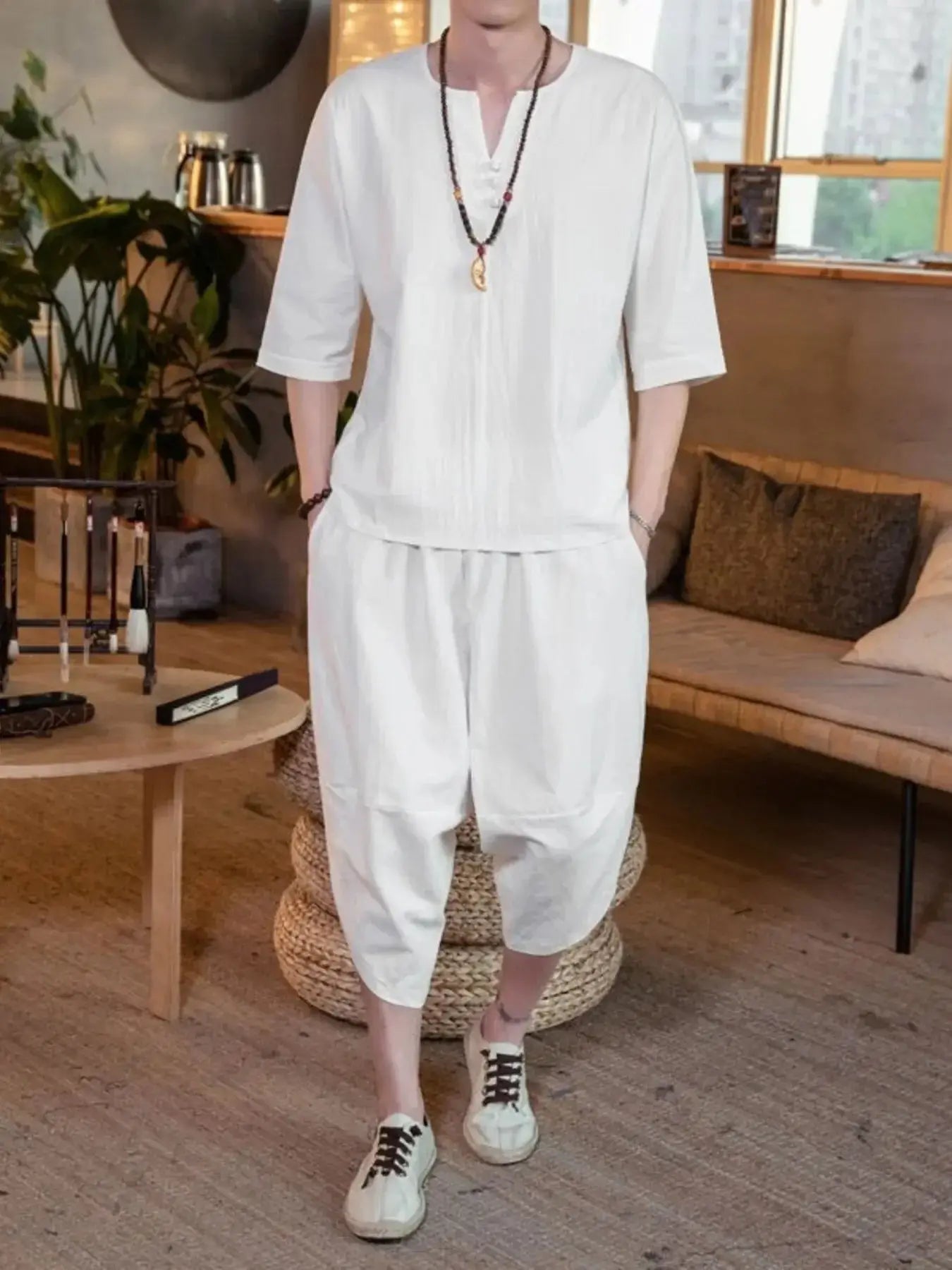Men's Plus Size Notched Half Sleeve Top and Cropped Pants Set - Makw Official Site