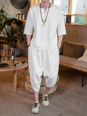 Men's Plus Size Notched Half Sleeve Top and Cropped Pants Set - Makw Official Site