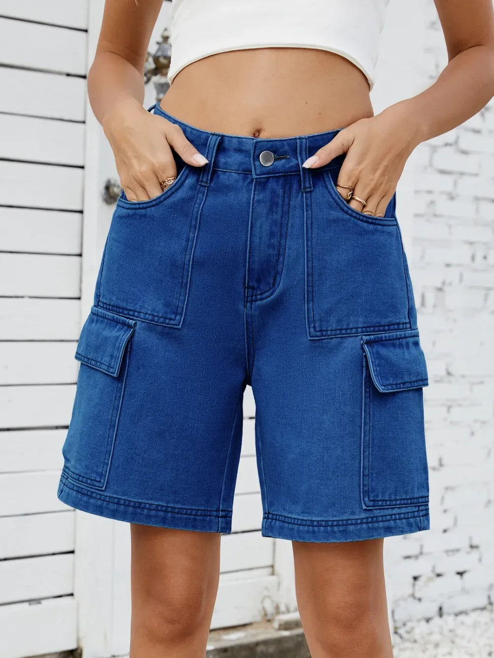 High Waist Denim Shorts with Cargo Pockets - Makw Official Site