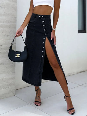 Front Button Slit Midi Denim Skirt - Makw Official Site