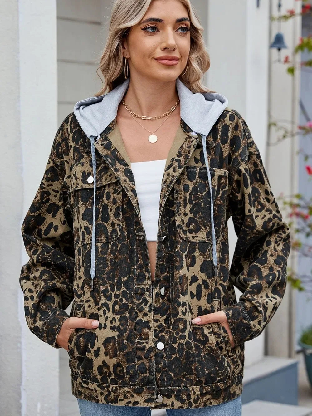 Pocketed Leopard Long Sleeve Denim Jacket - Makw Official Site