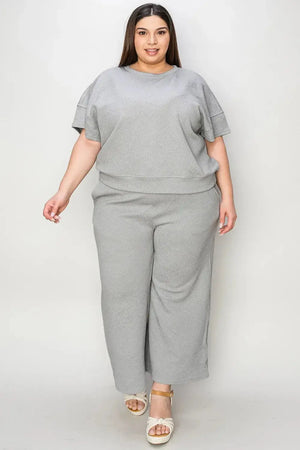 Double Take Full Size Texture Short Sleeve Top and Pants Set - Makw Official Site