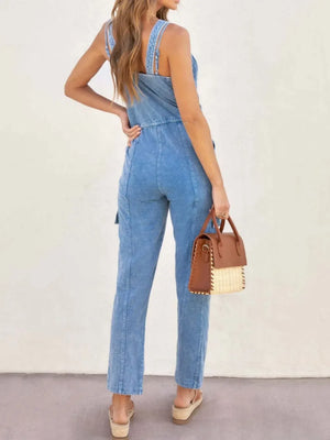 V-Neck Sleeveless Denim Jumpsuit - Makw Official Site