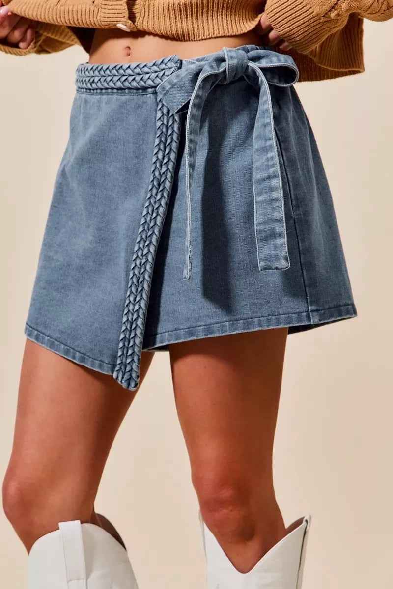 SO ME Wrap Braided Trimmed Denim Skort - Makw Official Site