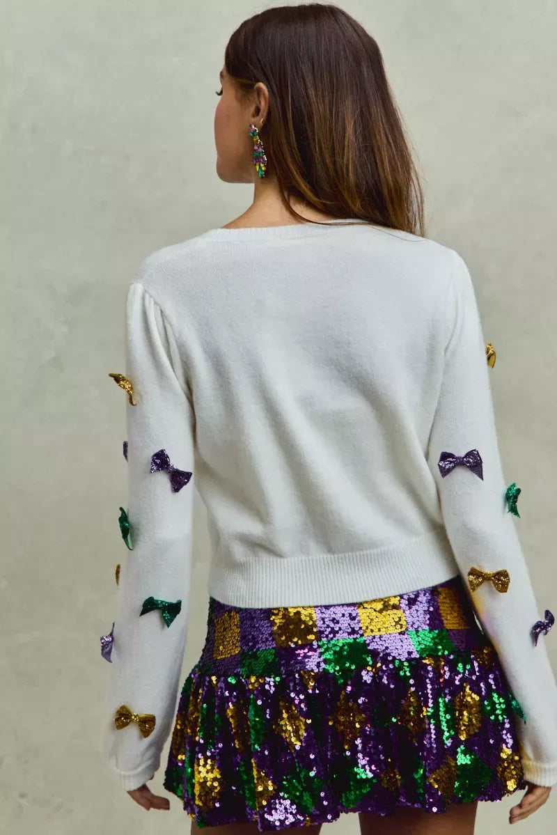 SO ME Mardi Gras Glitter Bow Ribbon Sweater Knit Top - Makw Official Site