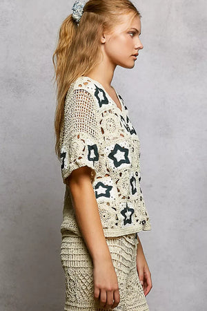 POL Button Front V-Neck Crochet Cardigan with Contast Star - Makw Official Site