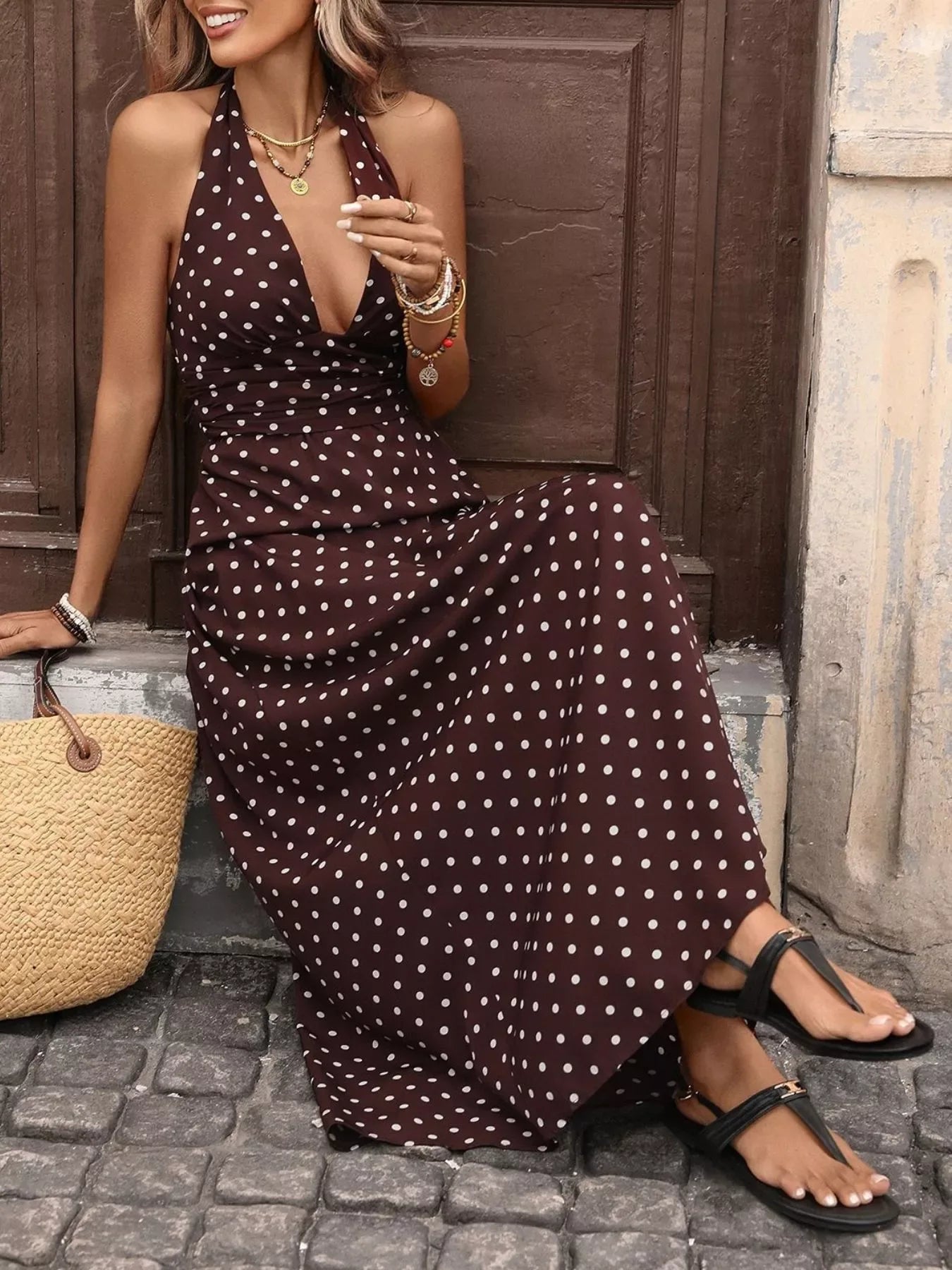 Halter Neck Polka Dot Maxi Dress - Makw Official Site