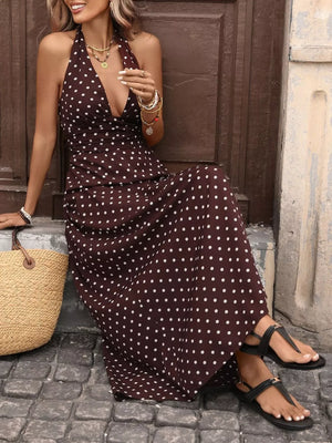 Halter Neck Polka Dot Maxi Dress - Makw Official Site