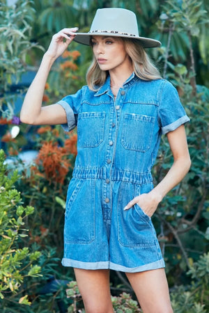 Veveret Elastic Waistband Denim Romper - Makw Official Site