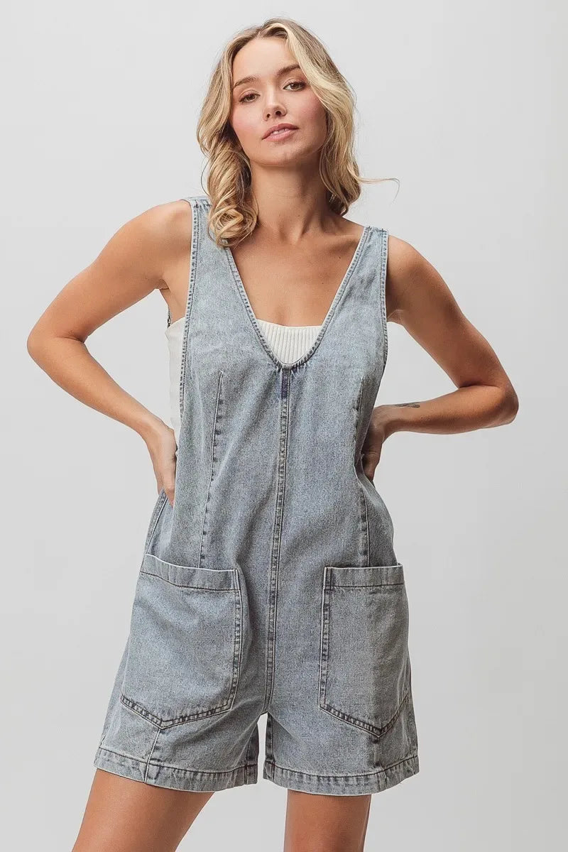 BiBi Patch Vintage Washed Denim Shortall - Makw Official Site