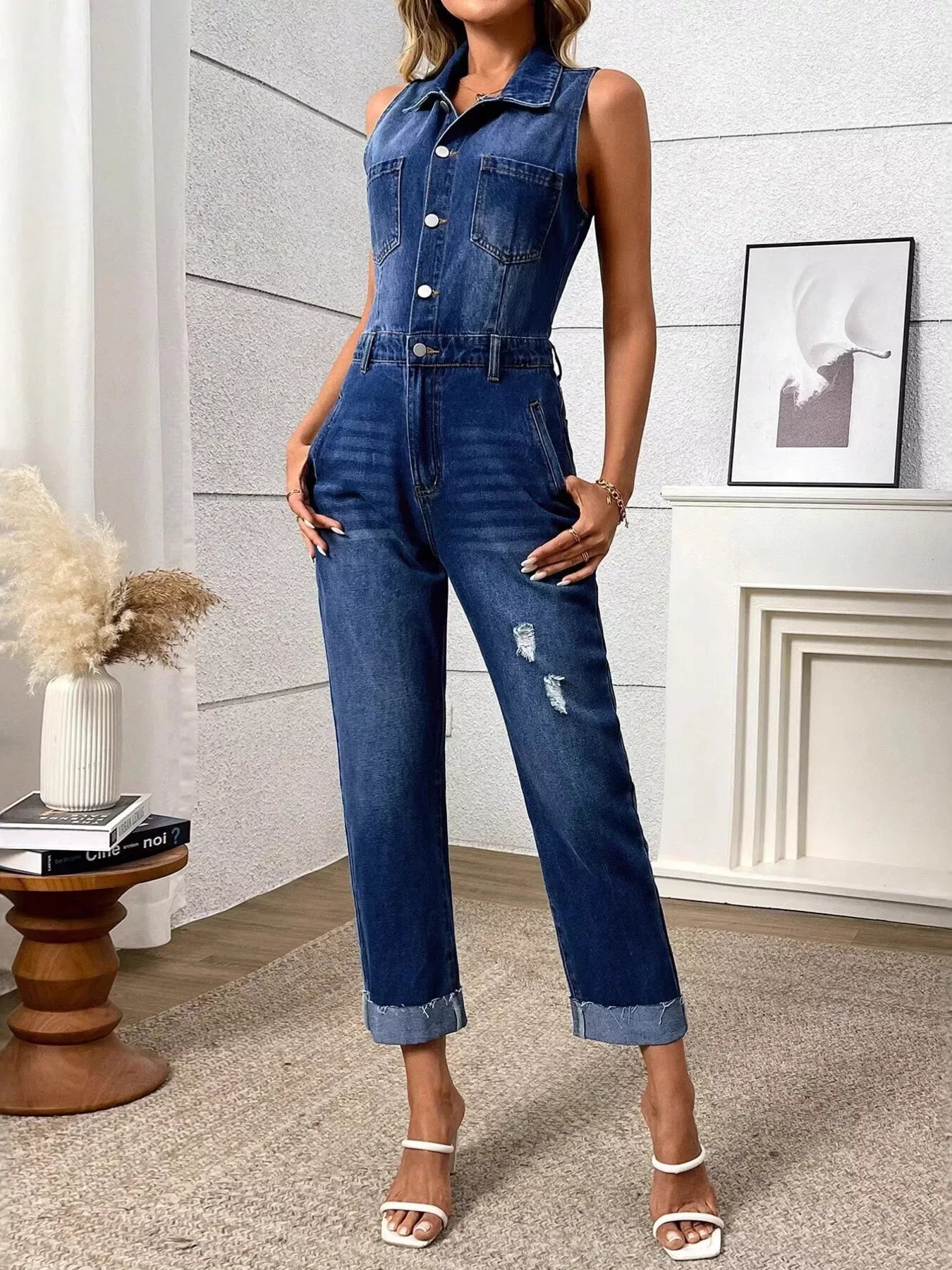Sleeveless Button Front Denim Jumpsuit - Makw Official Site