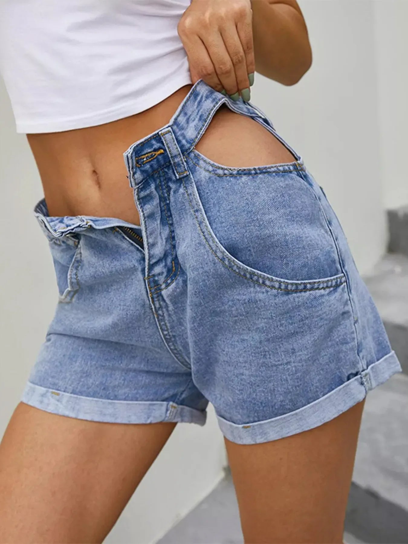 High-Waisted Cutout Denim Shorts - Makw Official Site