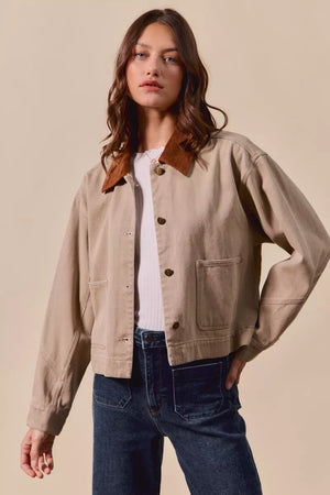 SO ME Cotton Twill Cropped Barn Jacket wtih Collar - Makw Official Site