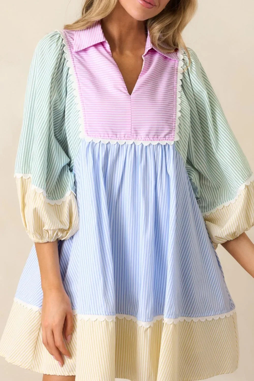 Striped Patchwork Ric Rac Puff Sleeve Collared Mini Dress - Makw Official Site