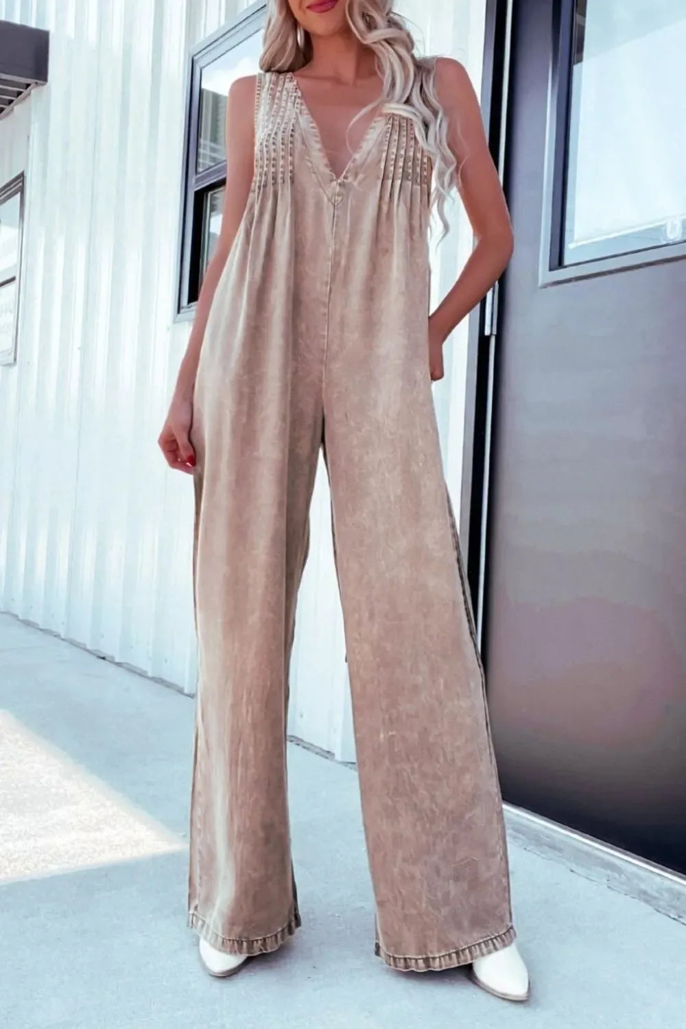 V-Neck Wide Leg Denim Jumpsuit - Makw Official Site