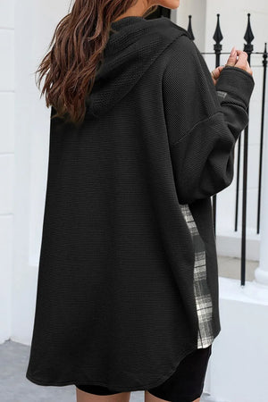 Waffle Knit Plaid Patchwork Drawstring Hooded Shacket - Makw Official Site