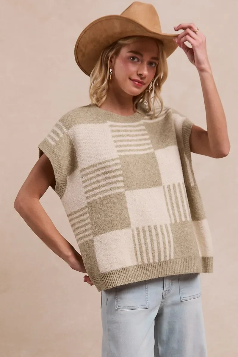 BiBi Checker With Stripes Pattern Sleeveless Sweater - Makw Official Site