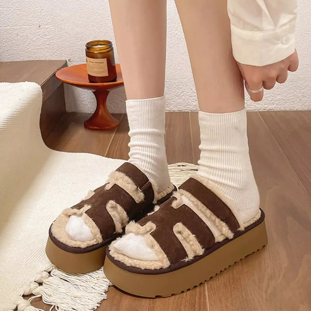 Fluffy Platform Velcro Slippers - Makw Official Site