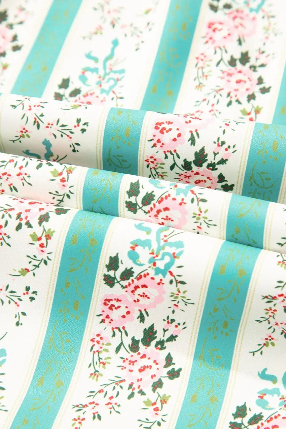 Striped Floral Print Tie Neck Puff Sleeve Midi Dress - Makw Official Site