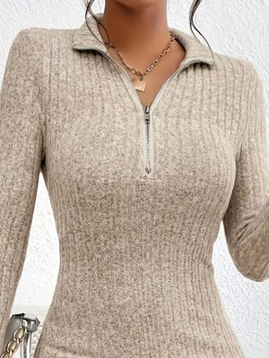 Ribbed Knit Bodycon Mini Dress with Zipper - Makw Official Site