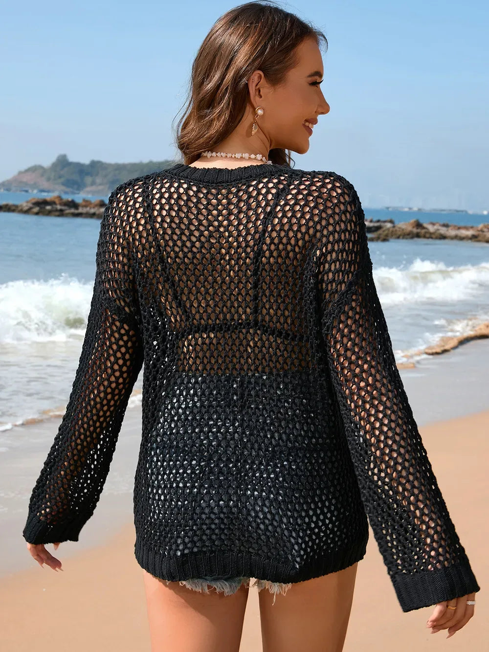Heart Openwork Long Sleeve Cover-Up - Makw Official Site