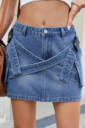 Criss-Cross Waist Detail Denim Mini Skirt - Makw Official Site