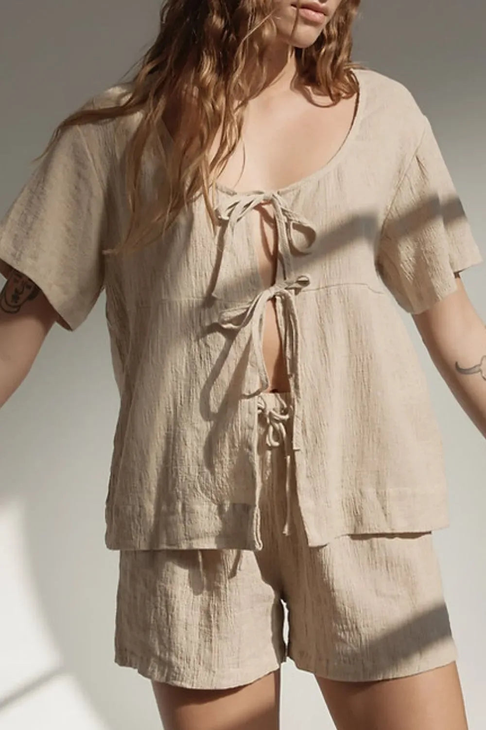 Plaid Tied Scoop Neck Short Sleeve Top and Drawstring Shorts Set - Makw Official Site