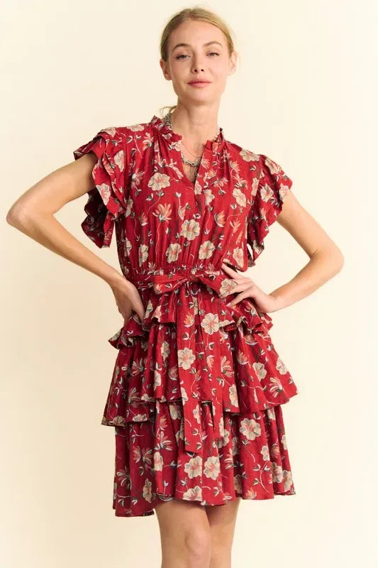 Davi & Dani Ruffle Flutter Sleeve Tie Belt Tiered Mini Dress - Makw Official Site