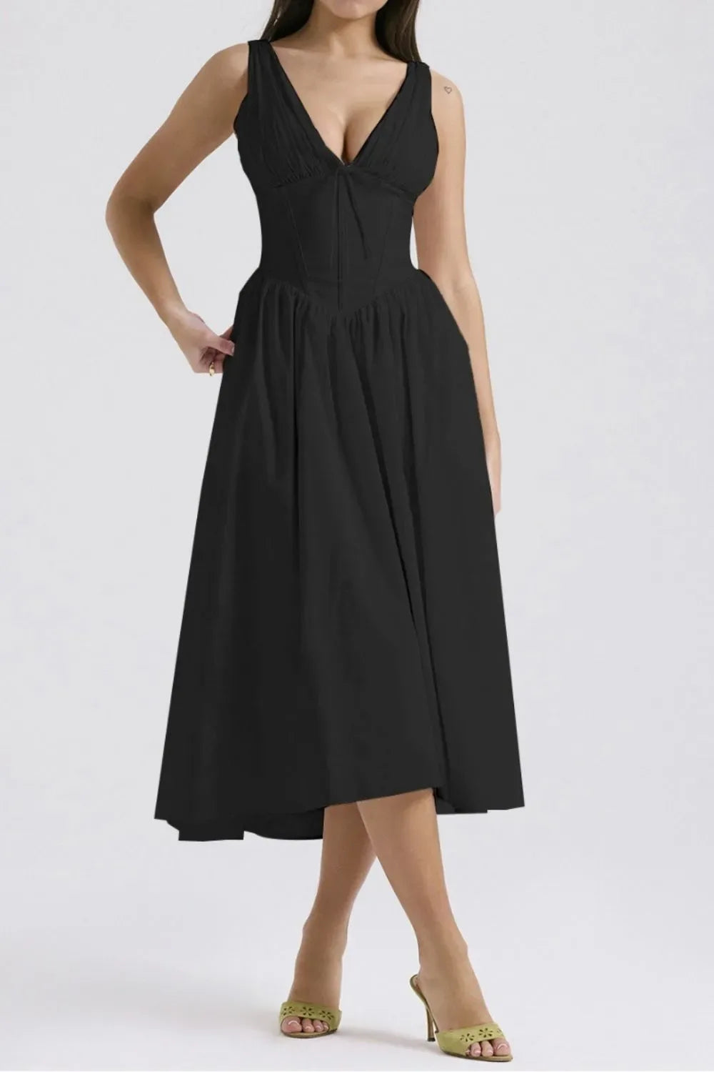 Ruched V-Neck Sleeveless Dress with Pockets - Makw Official Site