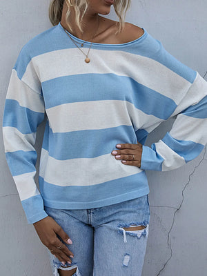 Striped Casual Long Sleeve Knit Top - Makw Official Site