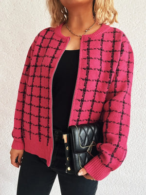 Plaid Pattern Zip Up Cardigan - Makw Official Site