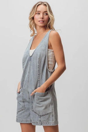 BiBi Patch Vintage Washed Denim Shortall - Makw Official Site