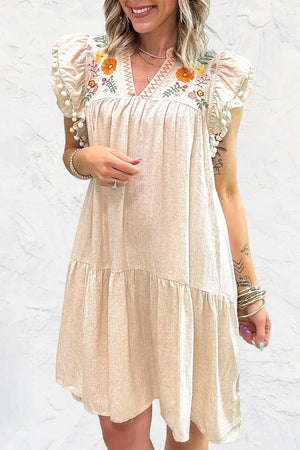 Floral Embroidery Pom Pom Ruffle Sleeves Mini Dress - Makw Official Site