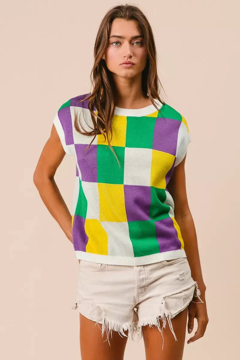 BiBi Mardi Gras Checker Pattern Sleeveless Sweater Top - Makw Official Site