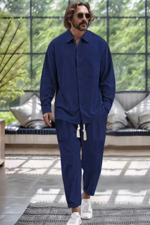 Men's Collared Neck Long Sleeve Top and Pants Set Plus Size - Makw Official Site