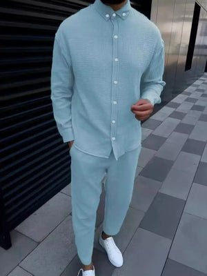 Men's Button Down Long Sleeve Shirt and Pants Set - Makw Official Site
