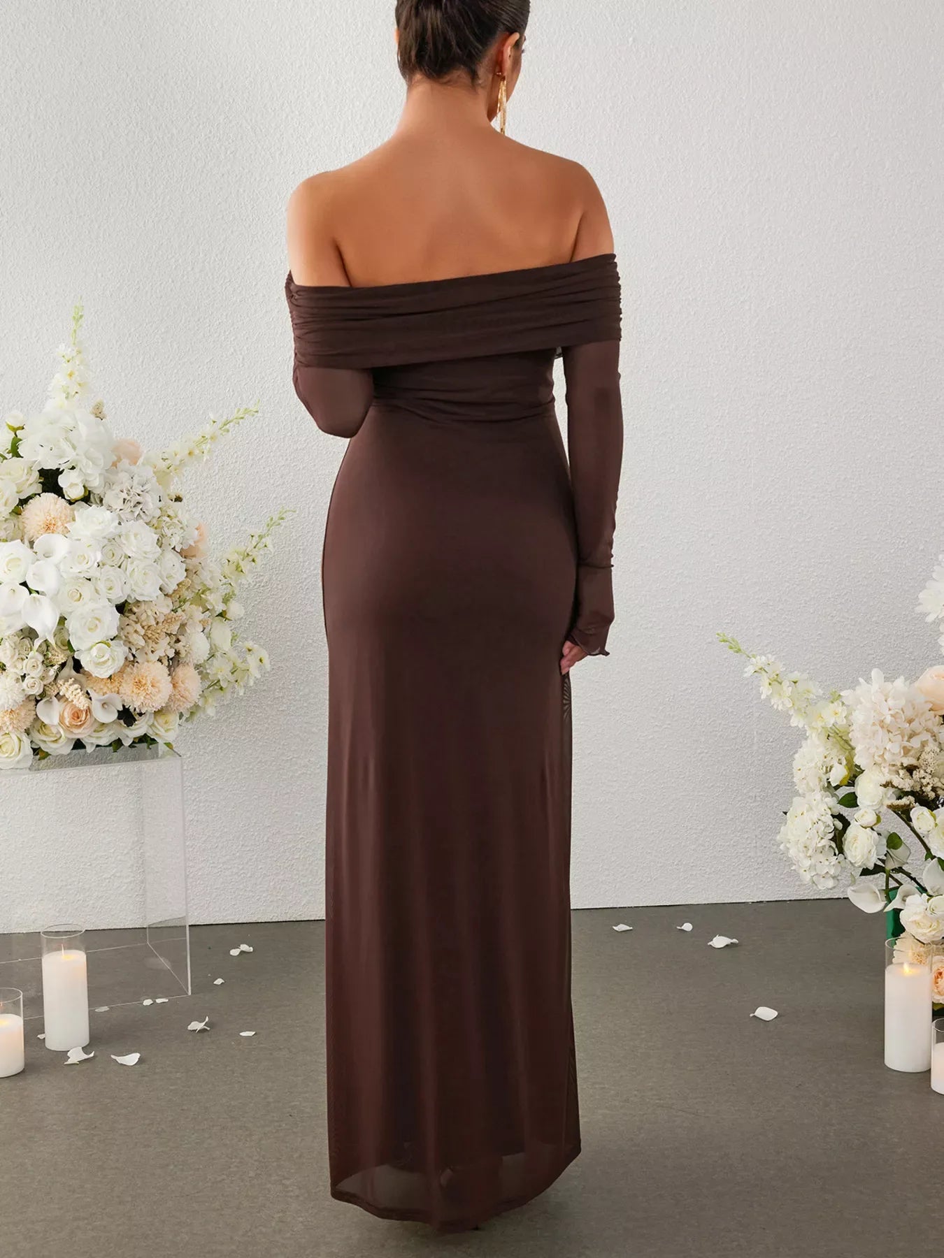 Off-Shoulder Ruched Long Sleeve Maxi Dress - Makw Official Site