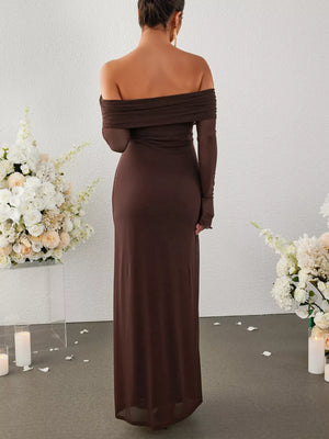 Off-Shoulder Ruched Long Sleeve Maxi Dress - Makw Official Site