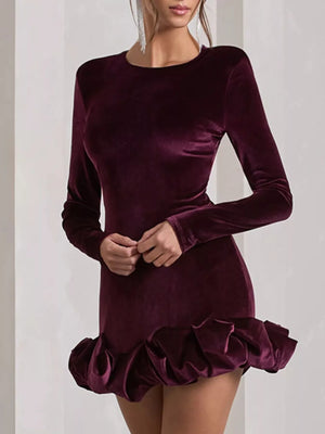 Velvet Ruched Hem Long Sleeve Dress - Makw Official Site