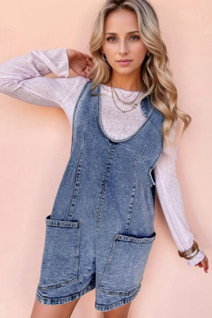 U Neck Patched Pocket Denim Overalls - Makw Official Site